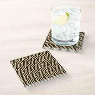 Greek Meander Key Squares Pattern Brown Glass Coaster