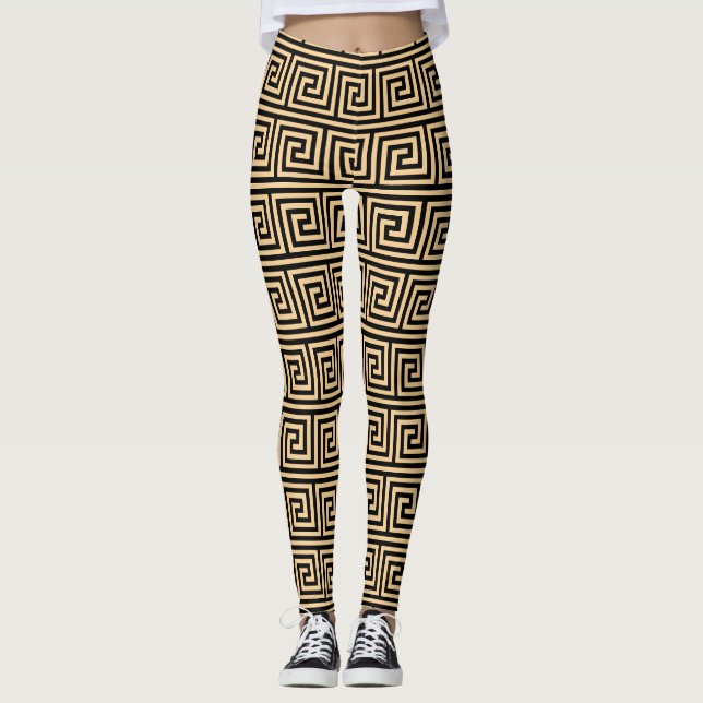 Greek Meander Key Squares Pattern Brown Leggings (Front)