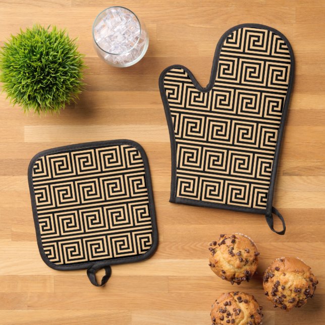 Greek Meander Key Squares Pattern Brown Oven Mitt & Pot Holder Set (Top Down)