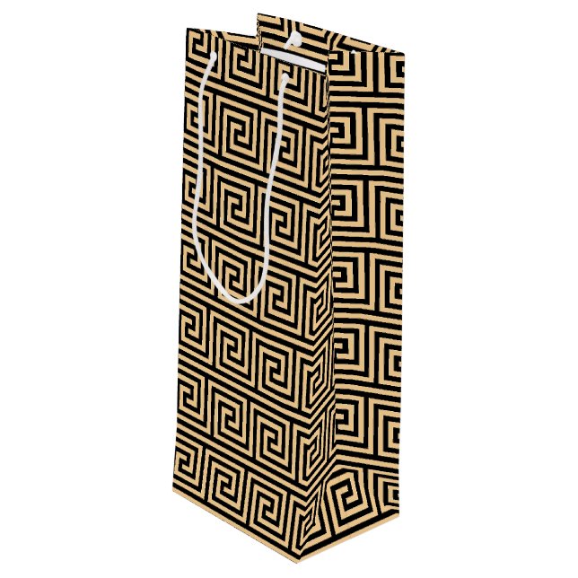 Greek Meander Key Squares Pattern Brown Wine Gift Bag (Back Angled)