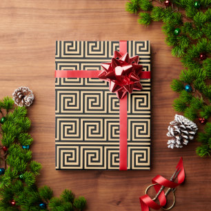 Greek Meander Key Squares Pattern Brown Wrapping Paper