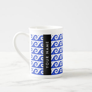 Greek Meander Key, Wave Key, Blue, Your Name Bone China Mug