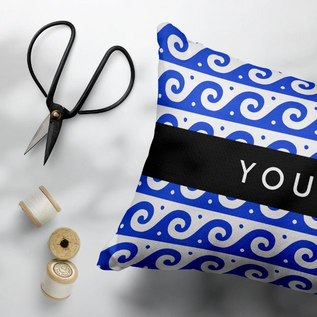 Greek Meander Key, Wave Key, Blue, Your Name Decorative Cushion (Creator Uploaded)