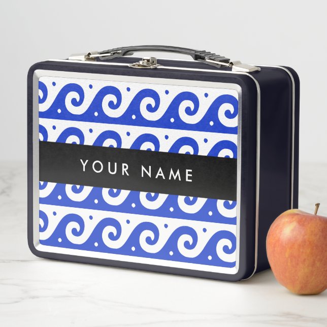 Greek Meander Key, Wave Key, Blue, Your Name Metal Lunch Box (In Situ)