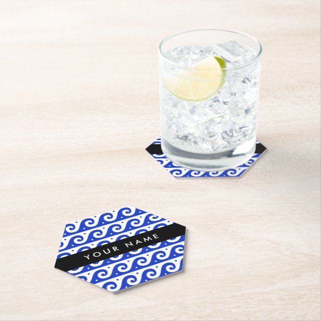 Greek Meander Key, Wave Key, Blue, Your Name Paper Coaster (Insitu)