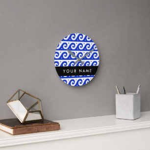 Greek Meander Key, Wave Key, Blue, Your Name Round Clock