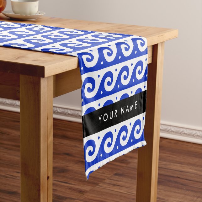 Greek Meander Key, Wave Key, Blue, Your Name Short Table Runner (In Situ)