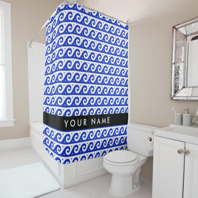 Greek Meander Key, Wave Key, Blue, Your Name Shower Curtain (In Situ)