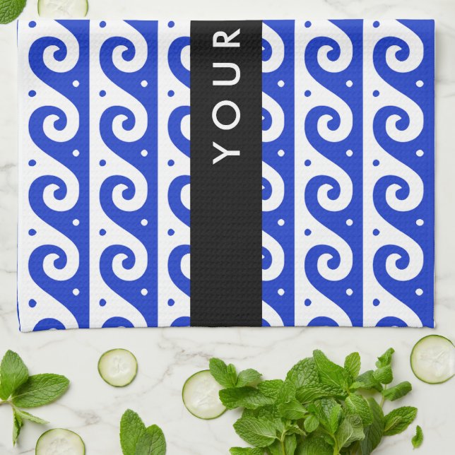Greek Meander Key, Wave Key, Blue, Your Name Tea Towel (Folded)