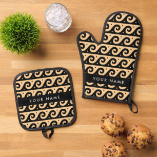 Greek Meander Key, Wave Key, Brown, Your Name Oven Mitt & Pot Holder Set