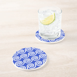 Greek Meander Key Waves Pattern Blue Coaster