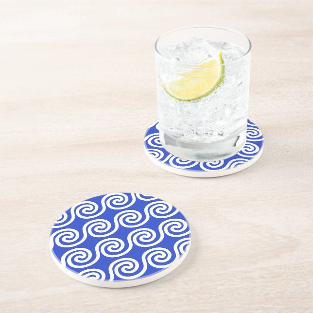 Greek Meander Key Waves Pattern Blue Coaster (Side)