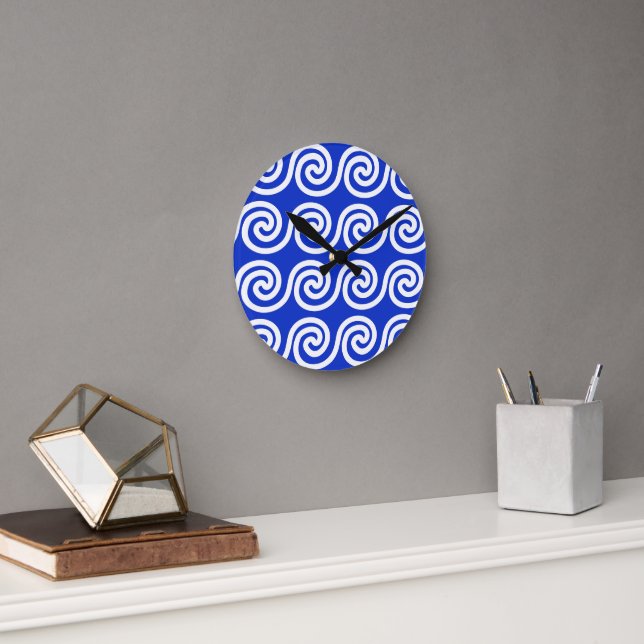 Greek Meander Key Waves Pattern Blue Round Clock (Office)