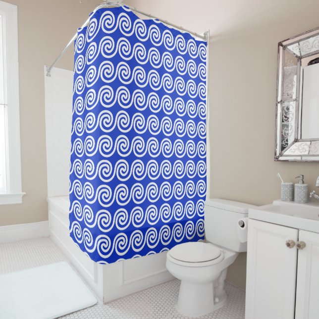 Greek Meander Key Waves Pattern Blue Shower Curtain (In Situ)