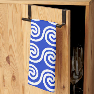 Greek Meander Key Waves Pattern Blue Tea Towel