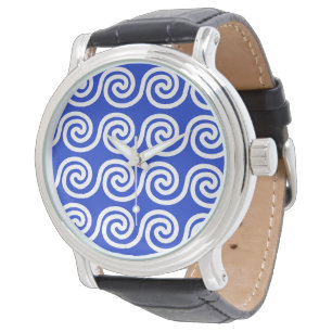 Greek Meander Key Waves Pattern Blue Watch