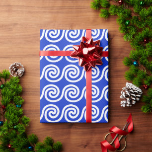 Greek Meander Key Waves Pattern Blue Wrapping Paper