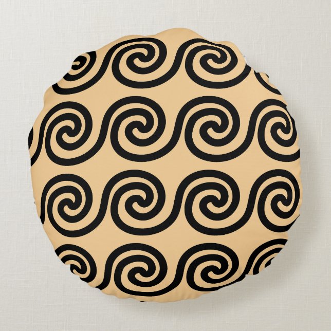 Greek Meander Key Waves Pattern Brown Round Cushion (Back)