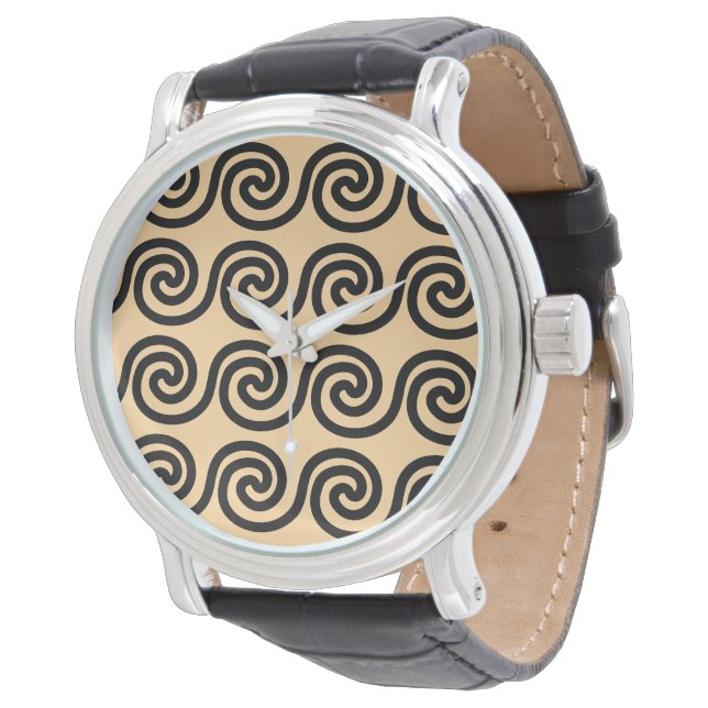 Greek Meander Key Waves Pattern Brown Watch (Angled)