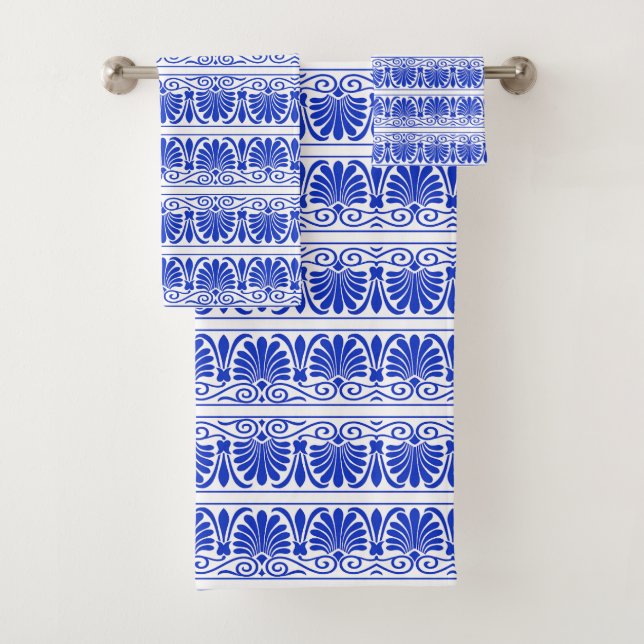 Greek Mediterranean Arabesque Pattern Blue Bath Towel Set (Insitu)