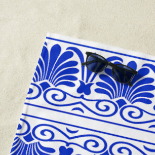 Greek Mediterranean Arabesque Pattern Blue Beach Towel