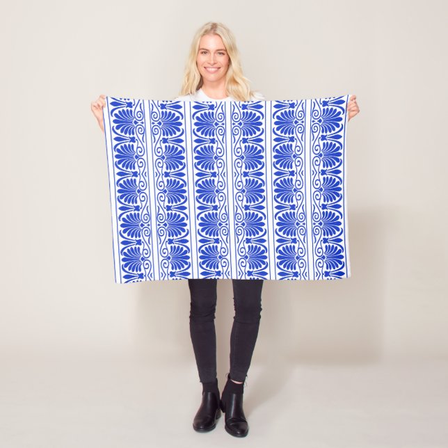 Greek Mediterranean Arabesque Pattern Blue Fleece Blanket (In Situ)