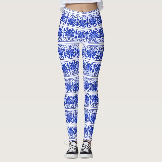 Greek Mediterranean Arabesque Pattern Blue Leggings (Front)