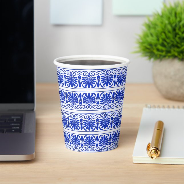 Greek Mediterranean Arabesque Pattern Blue Paper Cups (Insitu)