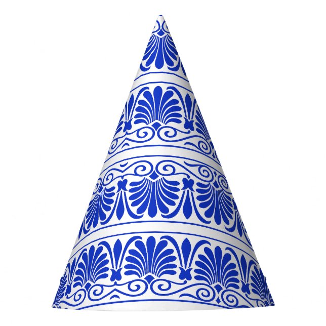 Greek Mediterranean Arabesque Pattern Blue Party Hat (Front)