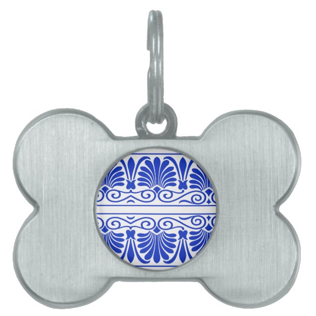 Greek Mediterranean Arabesque Pattern Blue Pet ID Tag (Front)