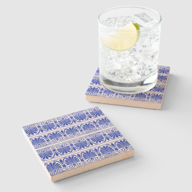 Greek Mediterranean Arabesque Pattern Blue Stone Coaster (Side)