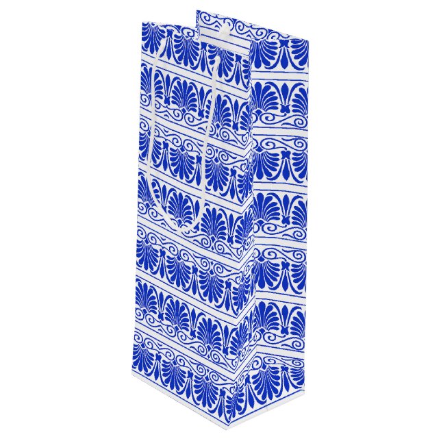 Greek Mediterranean Arabesque Pattern Blue Wine Gift Bag (Back Angled)