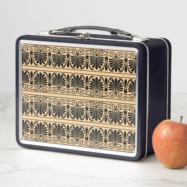 Greek Mediterranean Arabesque Pattern Brown Metal Lunch Box (In Situ)