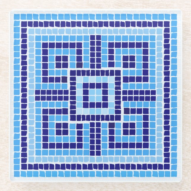 Greek Mosaic Tile Ornament - Shades of Blue Glass Coaster (Front)
