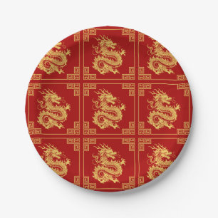 Greek Ornament Frame Gold Dragon Pattern Red  Paper Plate