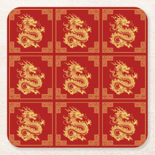 Greek Ornament Frame Gold Dragon Pattern Red Square Paper Coaster