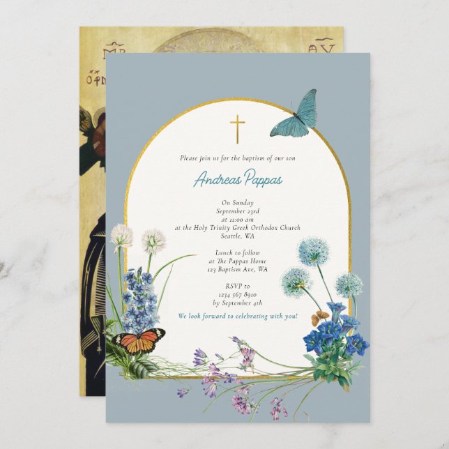 Greek Orthodox Christening Baptism Blue Wildflower Invitation (Front/Back)