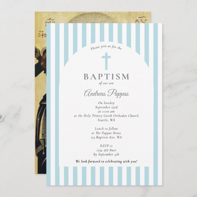 Greek Orthodox Christening Baptism Dusty Blue Boy Invitation (Front/Back)