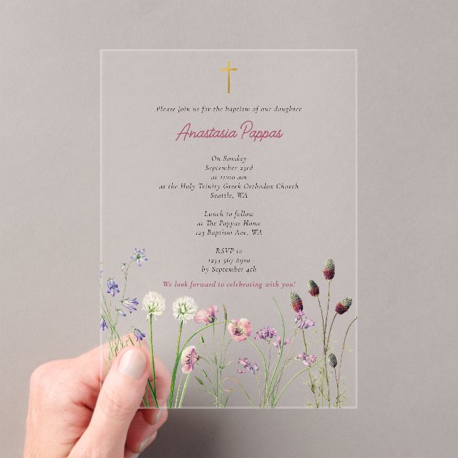 Greek Orthodox Christening Baptism Girl Wildflower Acrylic Invitations (Insitu (Handheld))