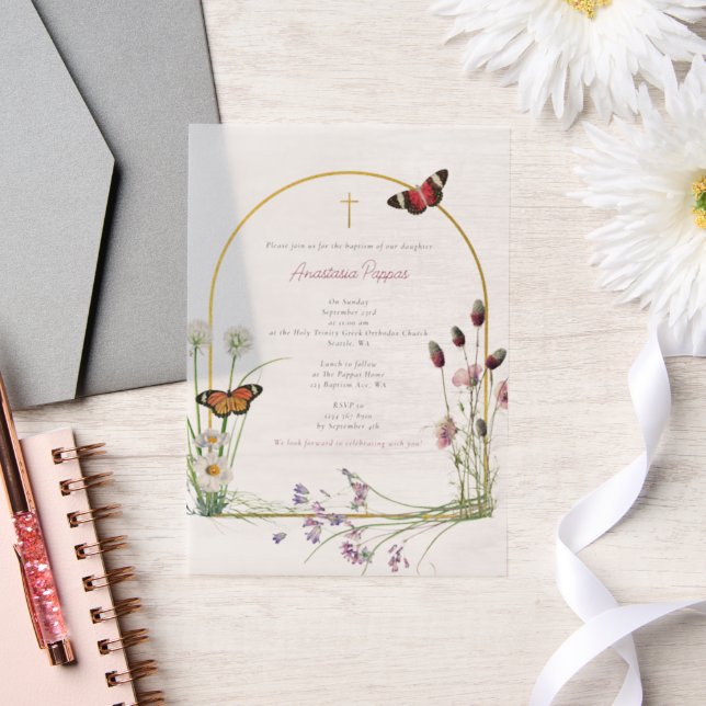 Greek Orthodox Christening Baptism Girl Wildflower Vellum Invitations (Wedding)