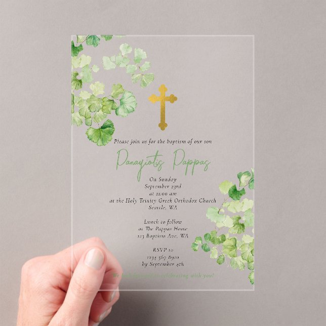 Greek Orthodox Christening Baptism Greenery Acrylic Invitations (Insitu (Handheld))
