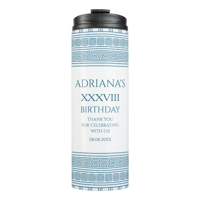 Greek party gift with meander pattern in blue thermal tumbler (Front)