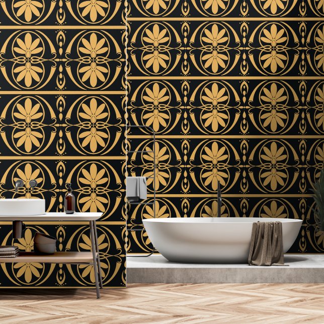 Greek Pattern Gold and Black Wallpaper (Bathroom)
