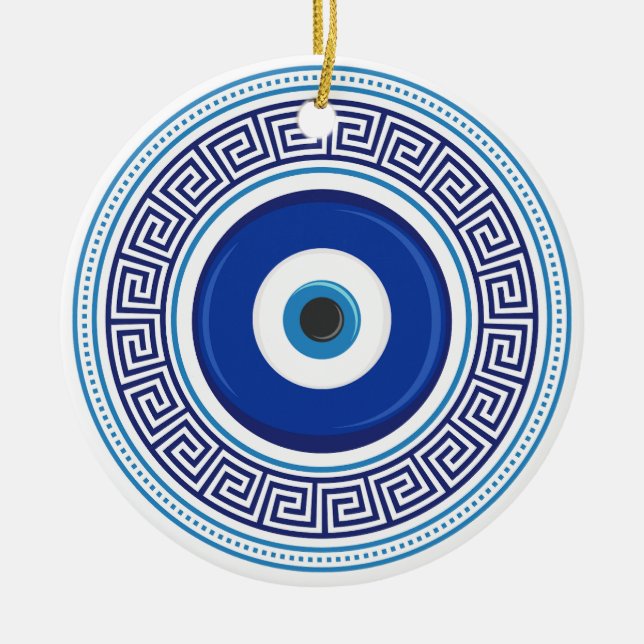 Greek Pattern Nazar Amulet Ceramic Tree Decoration (Front)