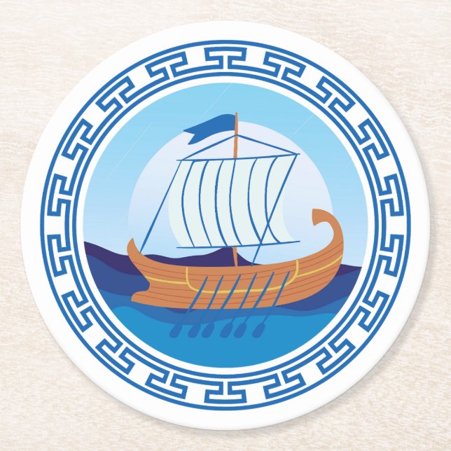 Greek Ship Round Paper Coaster (Front)