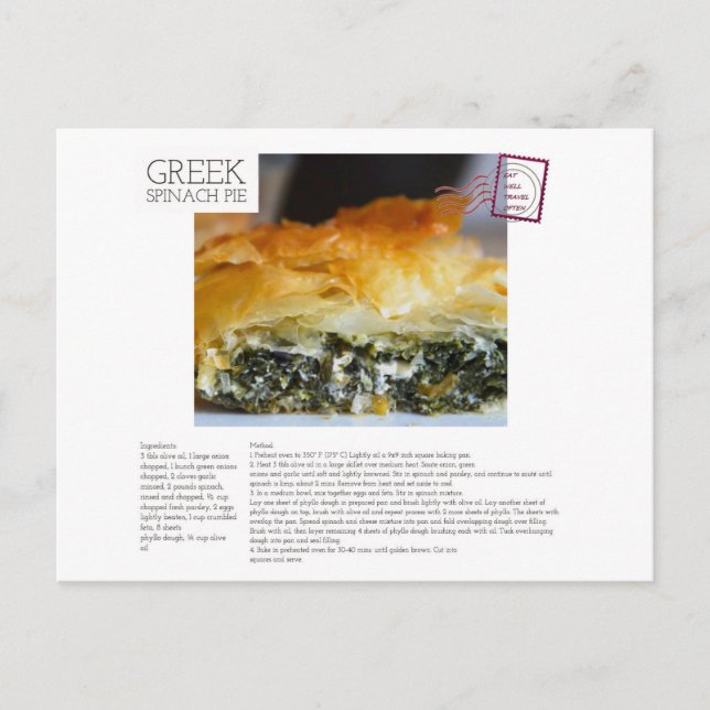 GREEK Spinach Pie Recipe Postcard (Front)