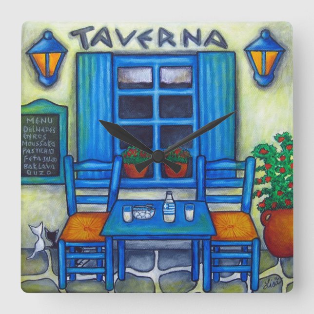 Greek Taverna Square Wall Clock, Lisa Lorenz Square Wall Clock (Front)