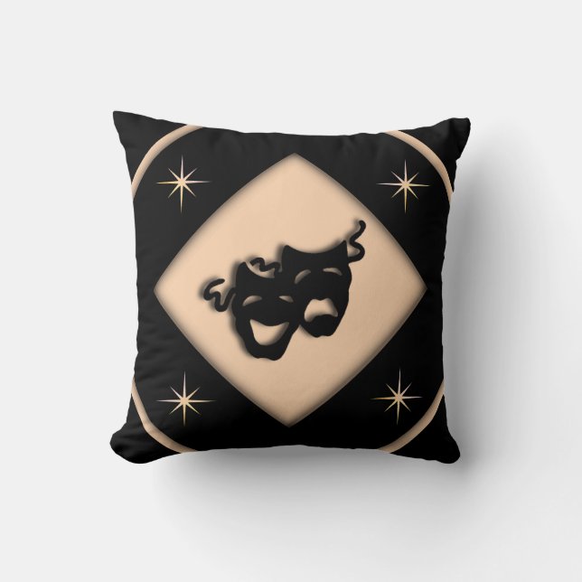 Greek Theatre Masks Black and Peach Star Cushion (Front)