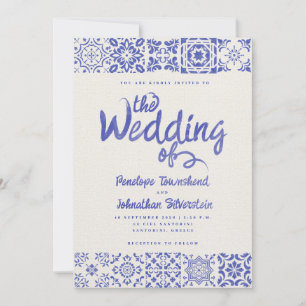 Greek Tiles Blue White Watercolor Script Wedding Invitation
