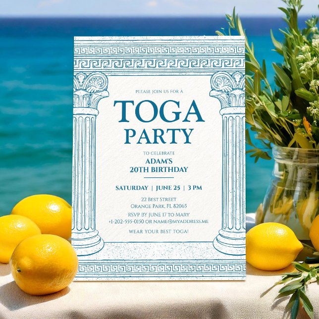 Greek Toga Party in blue with elegant columns Invitation (Creator Uploaded)